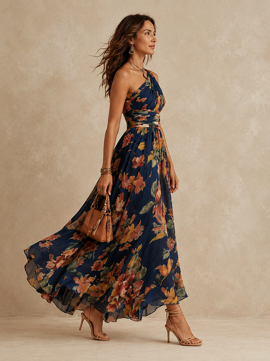 Leda | Vestido largo de un solo hombro con estampado floral, banda en la cintura y falda fluida