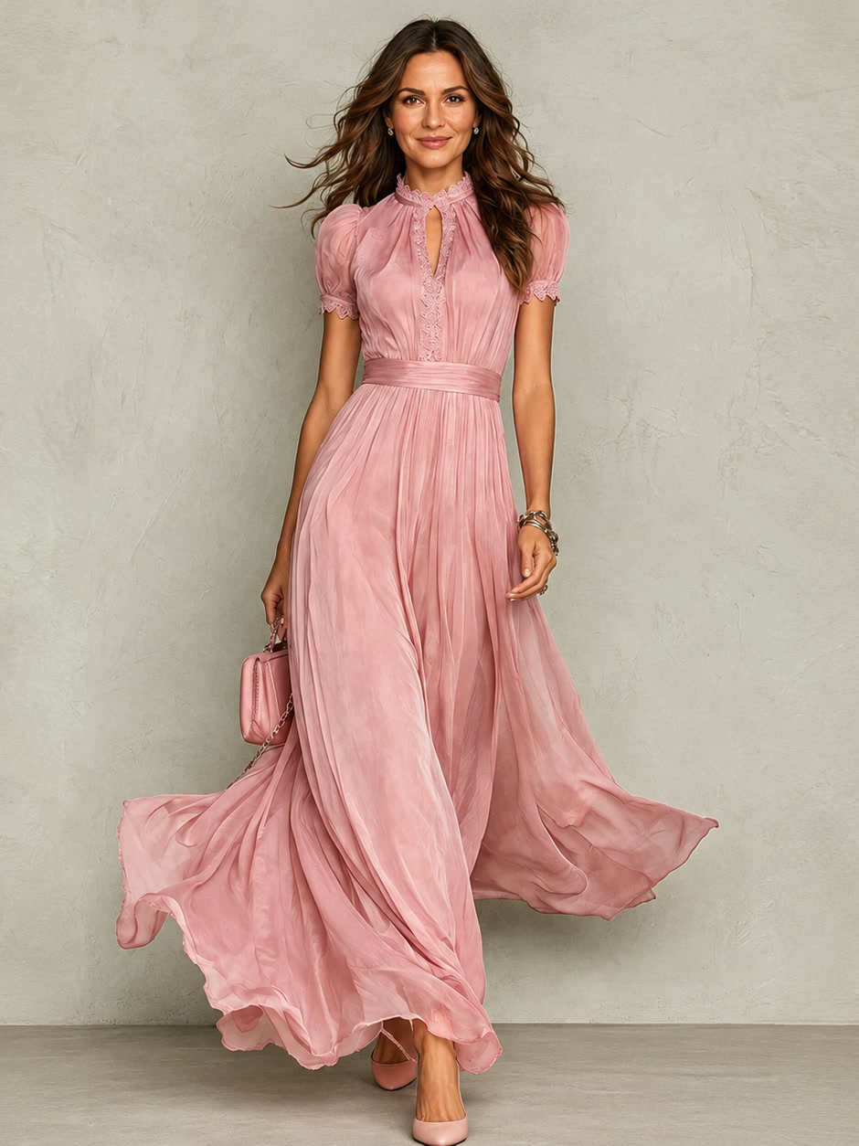 Vanda | Vestido largo con cuello de encaje, cinturón en la cintura y falda fluida