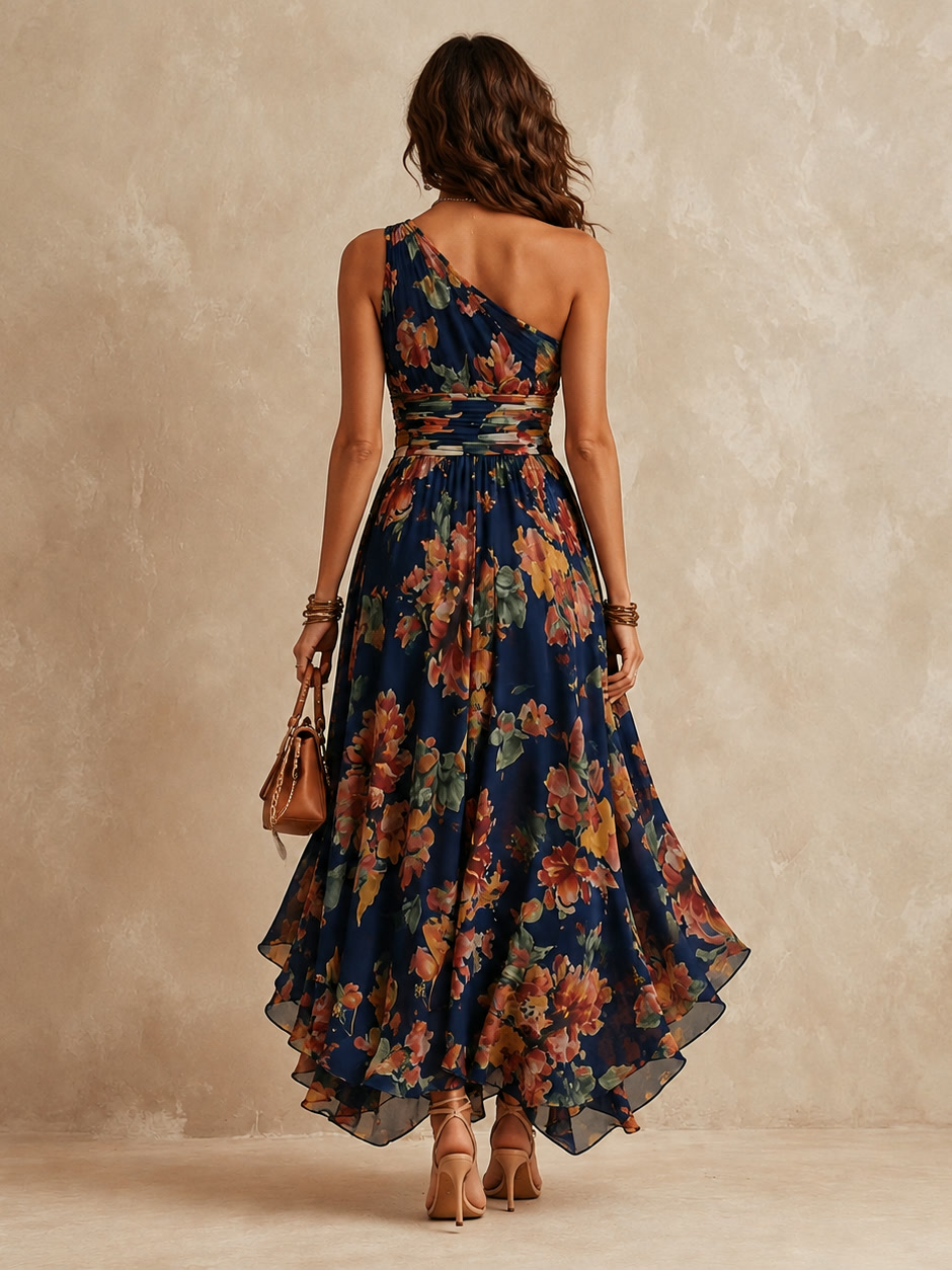 Leda | Vestido largo de un solo hombro con estampado floral, banda en la cintura y falda fluida