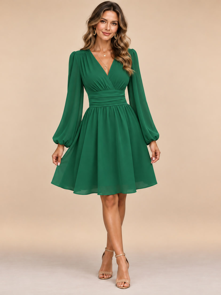 Anita | Vestido cruzado con mangas de farol y cintura plisada