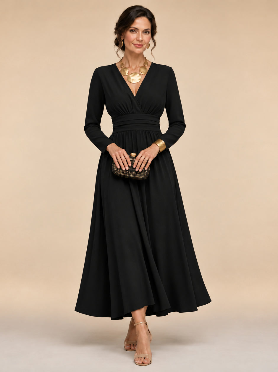 Cristiana | Vestido midi envolvente con mangas largas y cintura plisada