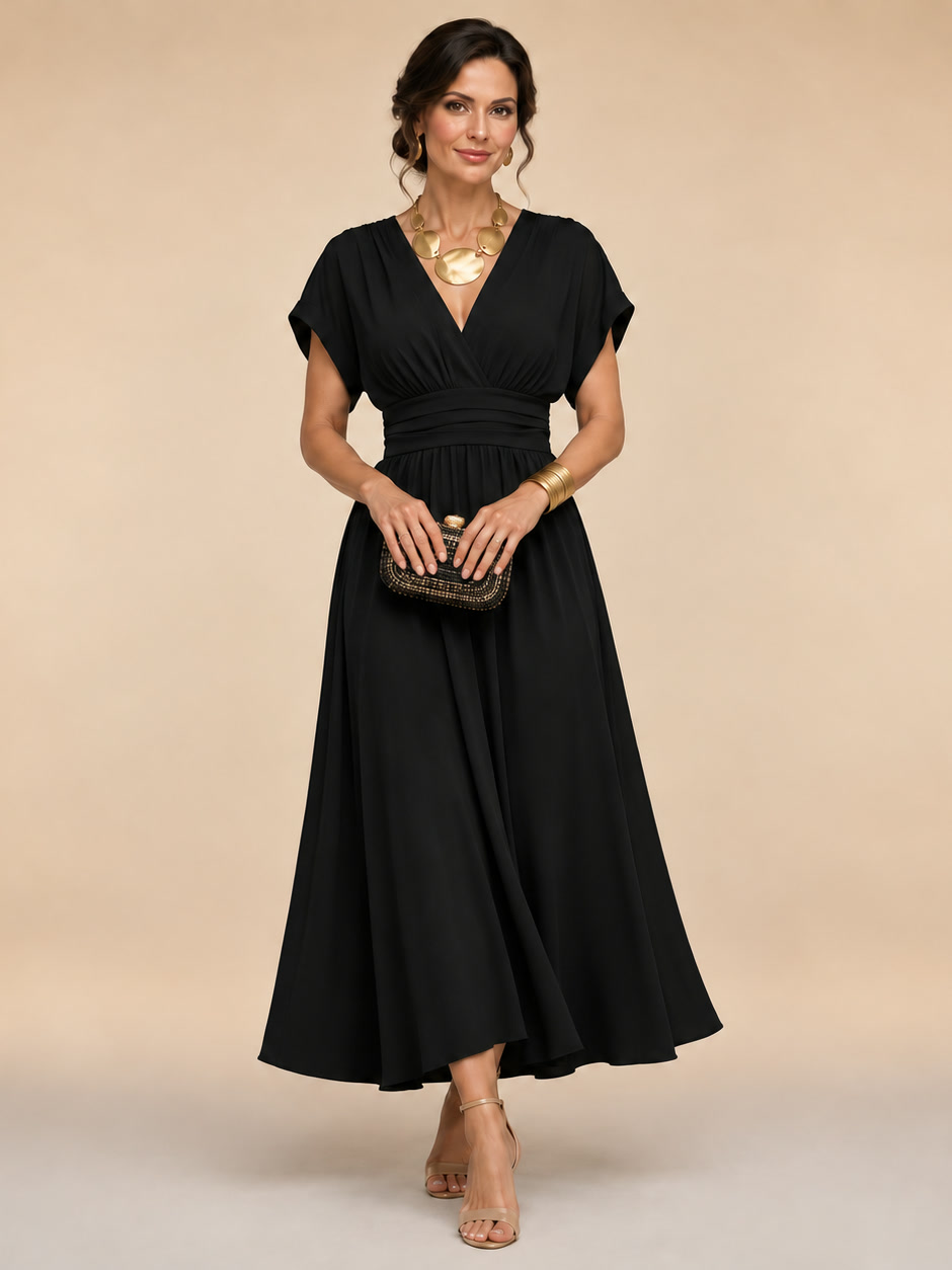 Marianna | Vestido midi cruzado con mangas murciélago y cintura plisada
