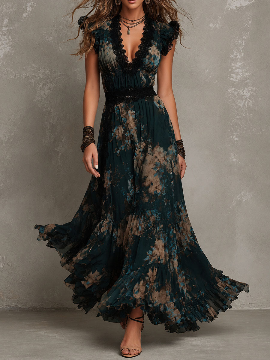 Maura | Vestido largo floral con escote en V de encaje, banda en la cintura y falda de volantes