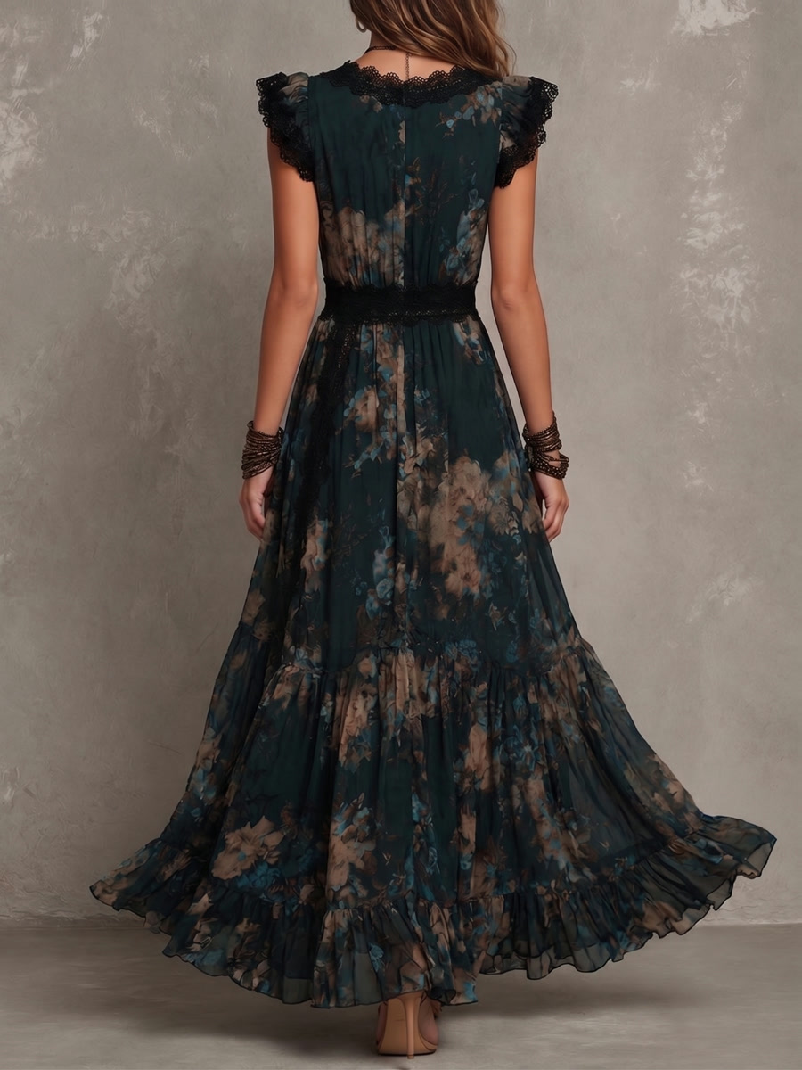Maura | Vestido largo floral con escote en V de encaje, banda en la cintura y falda de volantes