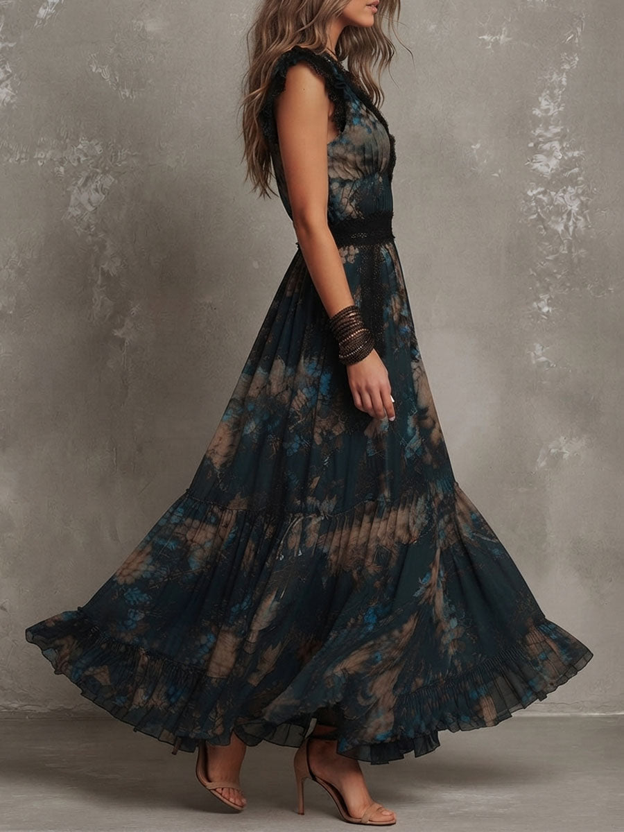 Maura | Vestido largo floral con escote en V de encaje, banda en la cintura y falda de volantes