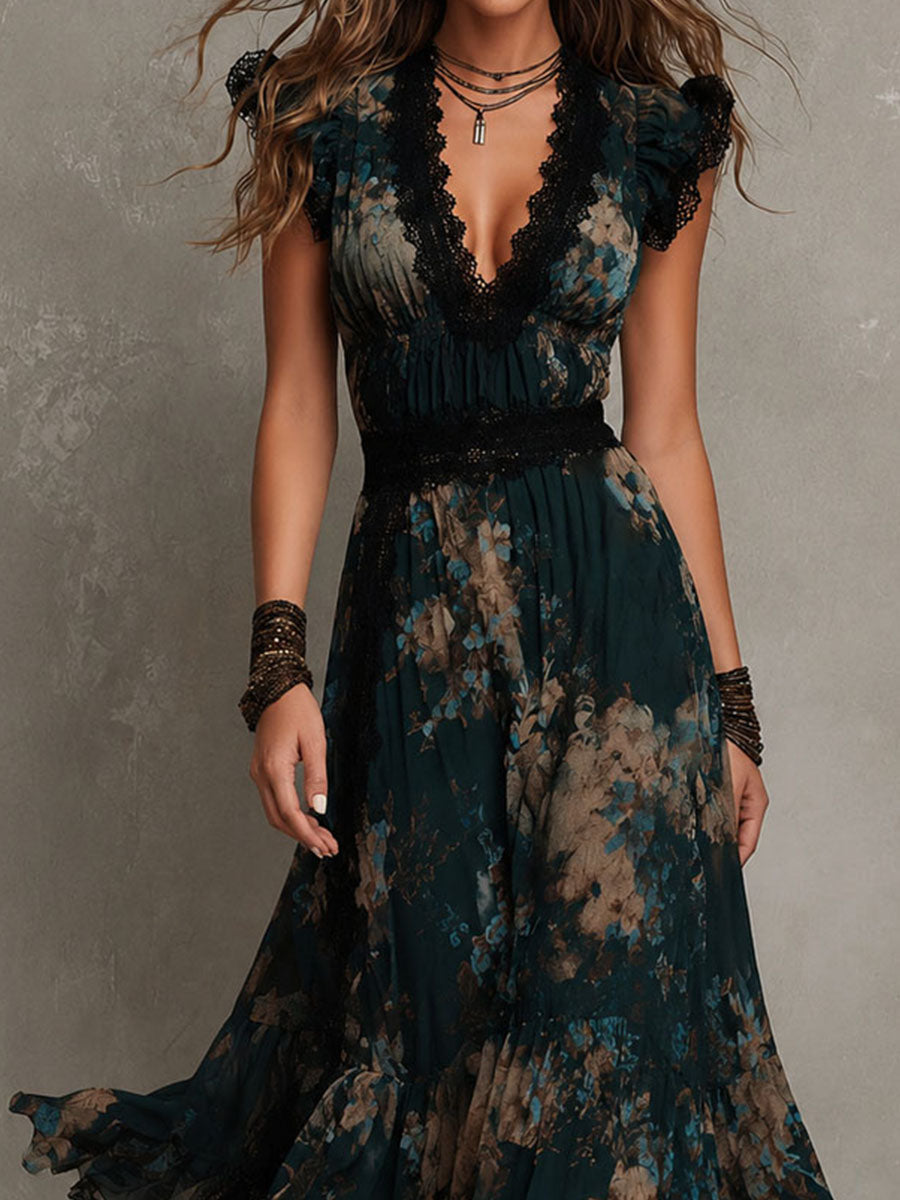 Maura | Vestido largo floral con escote en V de encaje, banda en la cintura y falda de volantes