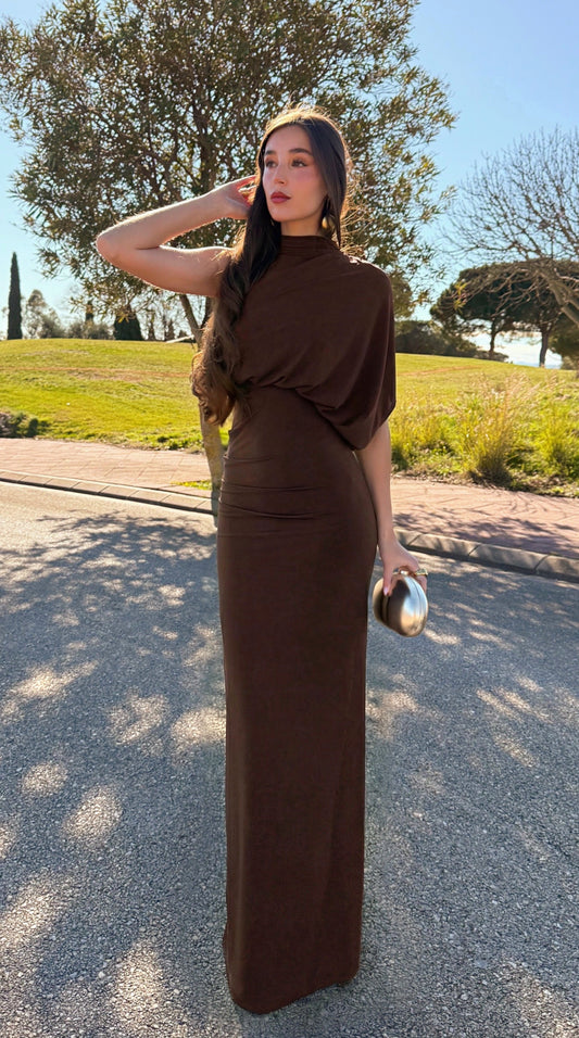Aura| Vestido Largo Moca Cuello