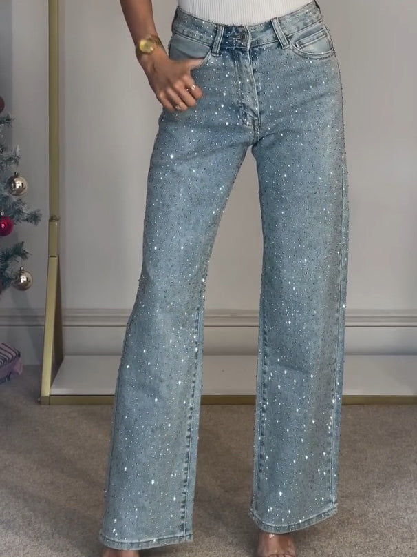 Pantalon Tiro Alto con Diamantes y Brillo Deslumbrante