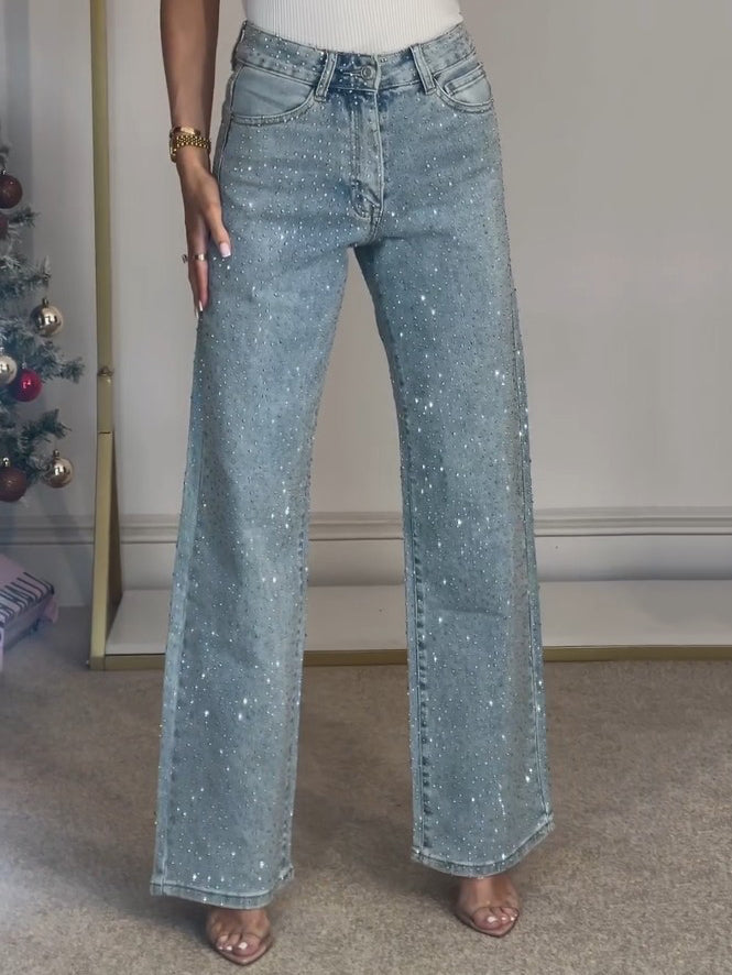 Pantalon Tiro Alto con Diamantes y Brillo Deslumbrante