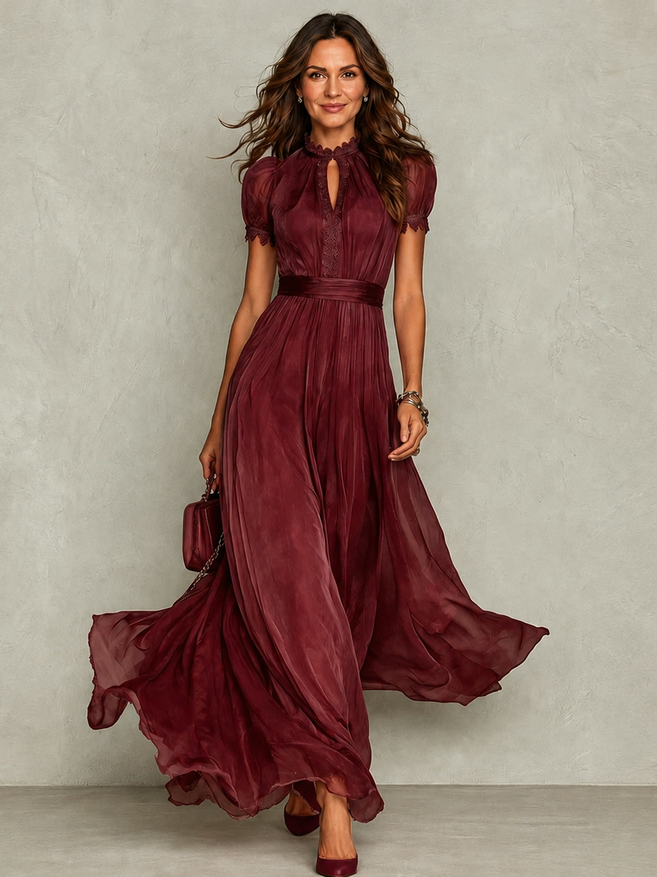 Vanda | Vestido largo con cuello de encaje, cinturón en la cintura y falda fluida