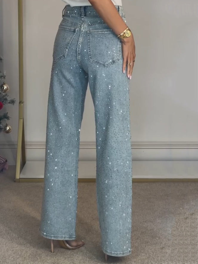 Pantalon Tiro Alto con Diamantes y Brillo Deslumbrante