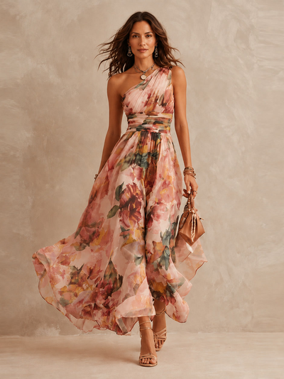 Leda | Vestido largo de un solo hombro con estampado floral, banda en la cintura y falda fluida