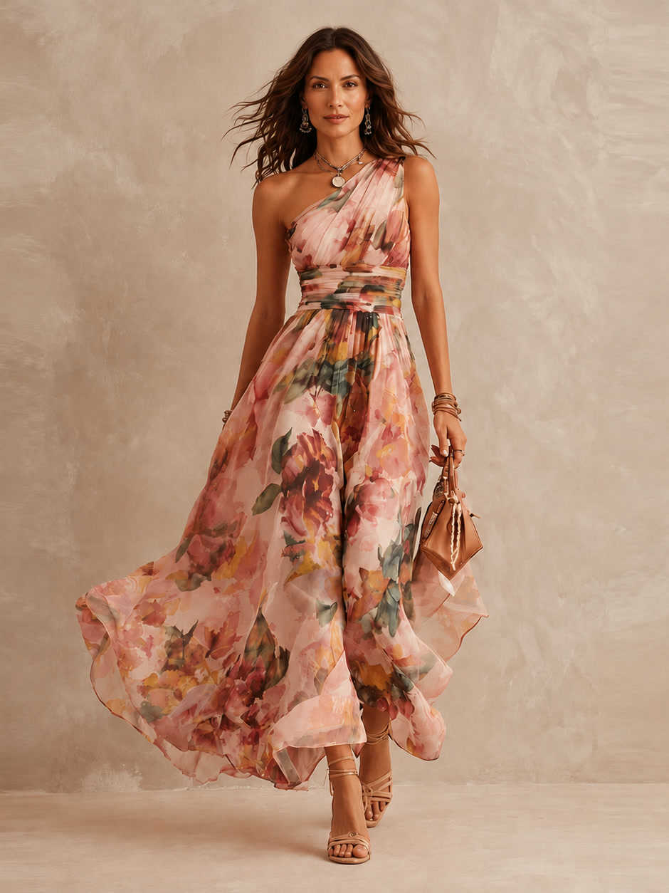 Leda | Vestido largo de un solo hombro con estampado floral, banda en la cintura y falda fluida