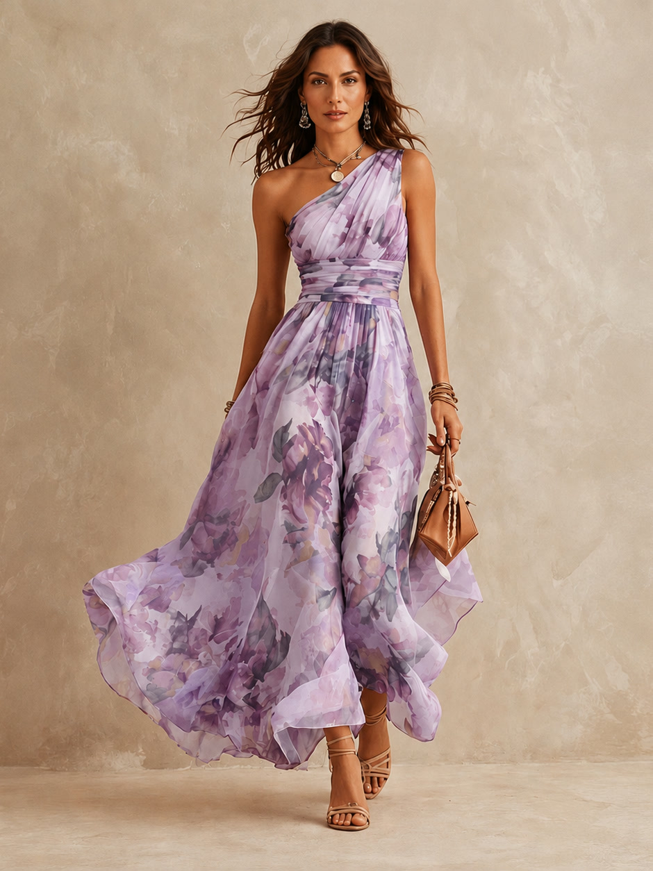 Leda | Vestido largo de un solo hombro con estampado floral, banda en la cintura y falda fluida