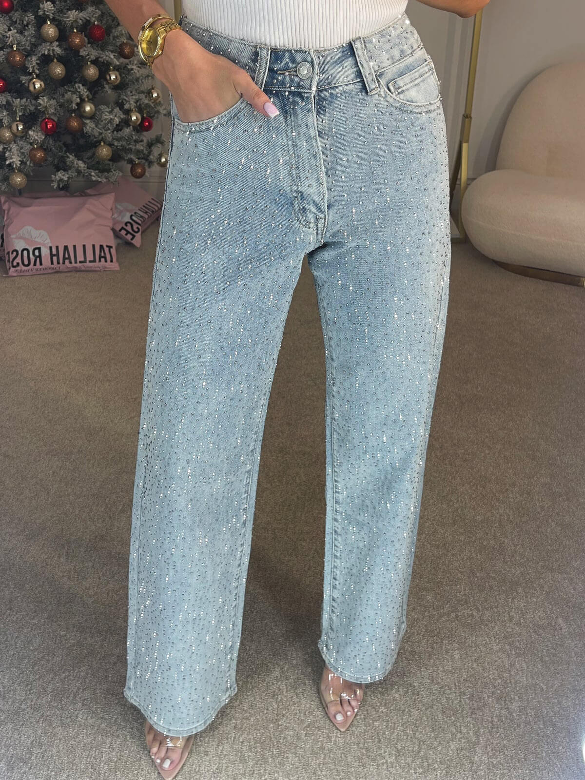 Pantalon Tiro Alto con Diamantes y Brillo Deslumbrante