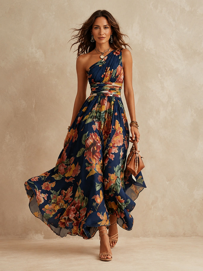 Leda | Vestido largo de un solo hombro con estampado floral, banda en la cintura y falda fluida