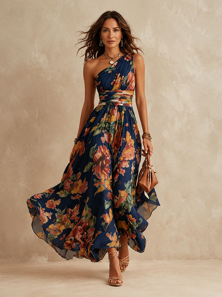 Leda | Vestido largo de un solo hombro con estampado floral, banda en la cintura y falda fluida