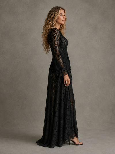 Assunta | Vestido largo de encaje con escote en V pronunciado y mangas acampanadas, negro