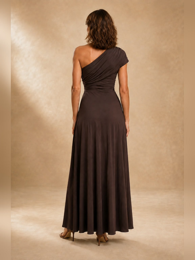 Elda | Vestido largo con escote drapeado y falda acampanada, chocolate