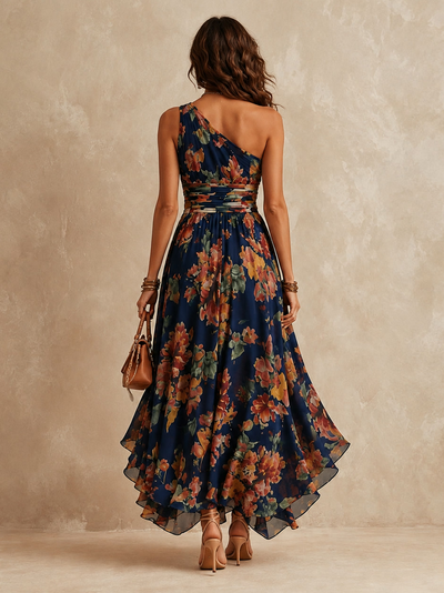 Leda | Vestido largo de un solo hombro con estampado floral, banda en la cintura y falda fluida