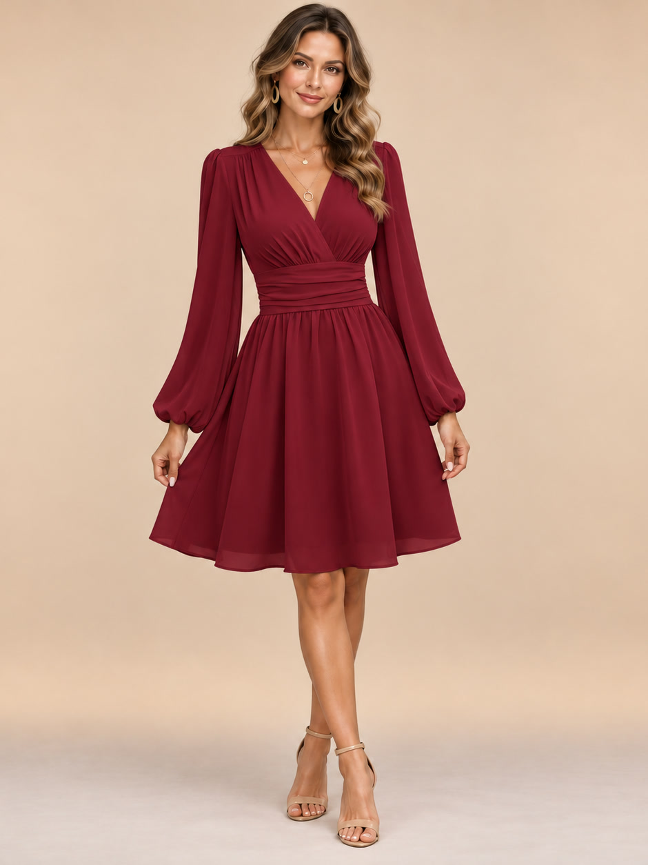 Anita | Vestido cruzado con mangas de farol y cintura plisada