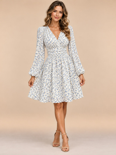 Anita | Vestido cruzado con mangas de farol y cintura plisada