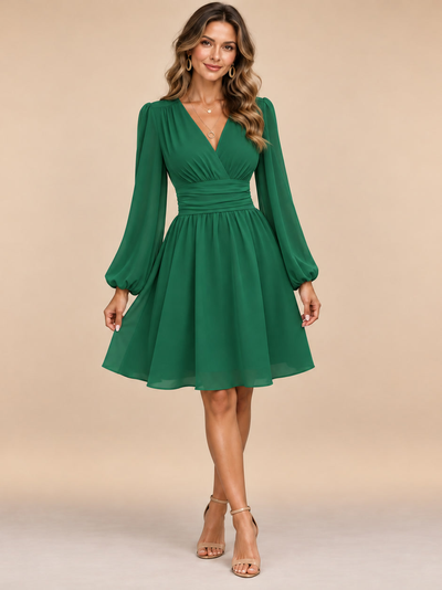 Anita | Vestido cruzado con mangas de farol y cintura plisada