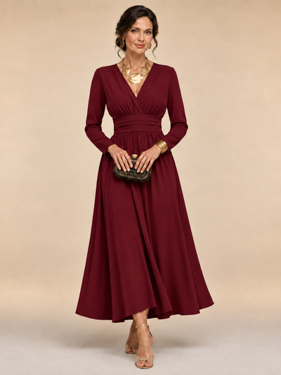 Cristiana | Vestido midi envolvente con mangas largas y cintura plisada
