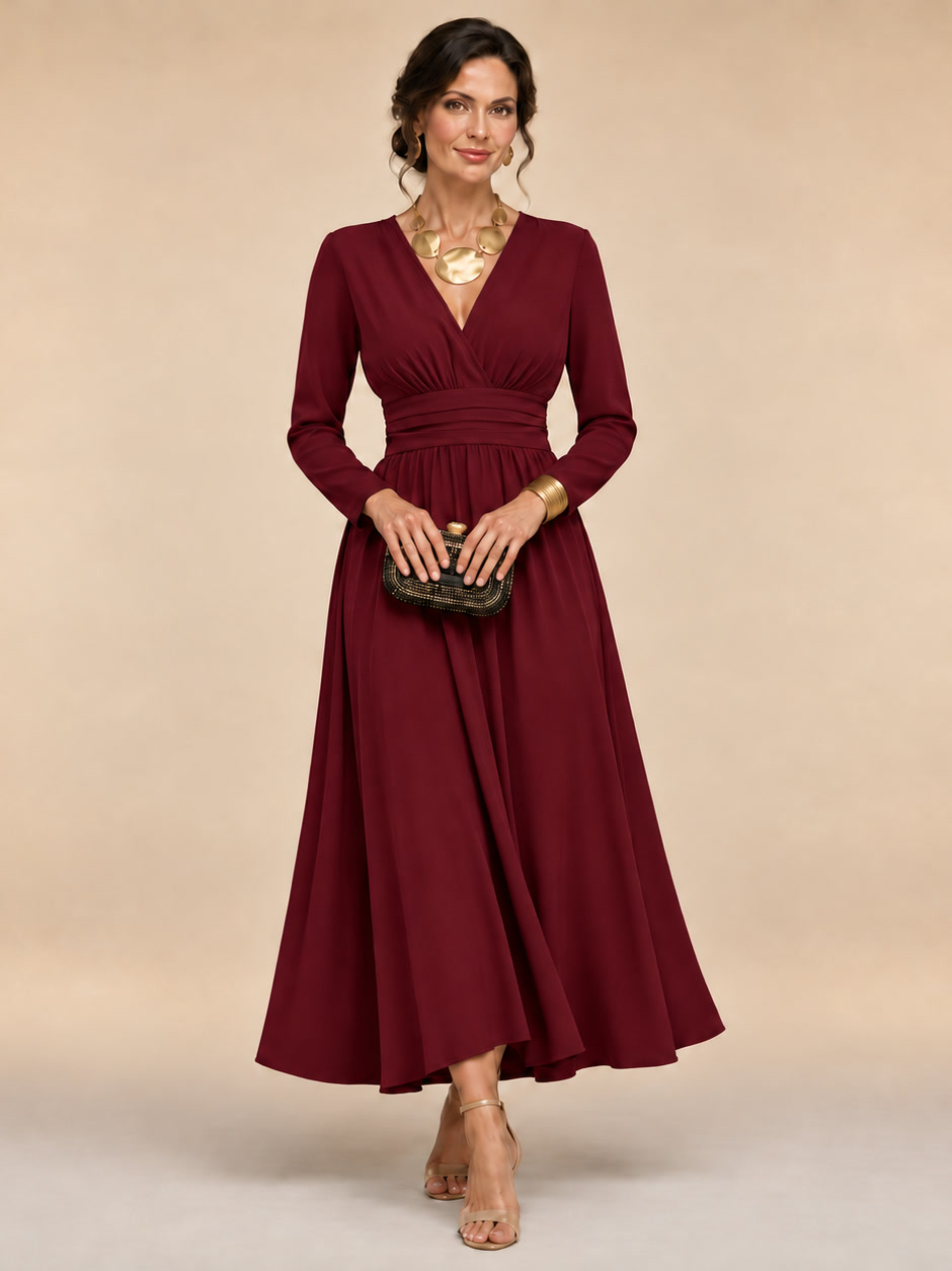 Cristiana | Vestido midi envolvente con mangas largas y cintura plisada