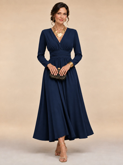 Cristiana | Vestido midi envolvente con mangas largas y cintura plisada