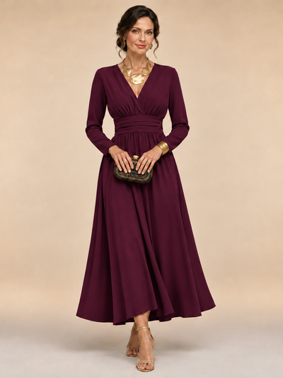 Cristiana | Vestido midi envolvente con mangas largas y cintura plisada