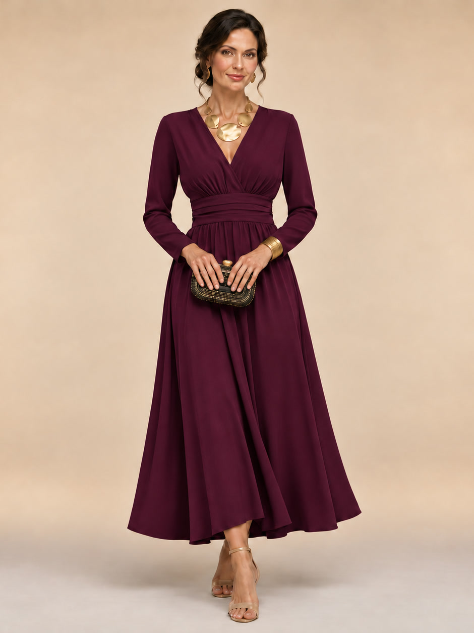 Cristiana | Vestido midi envolvente con mangas largas y cintura plisada