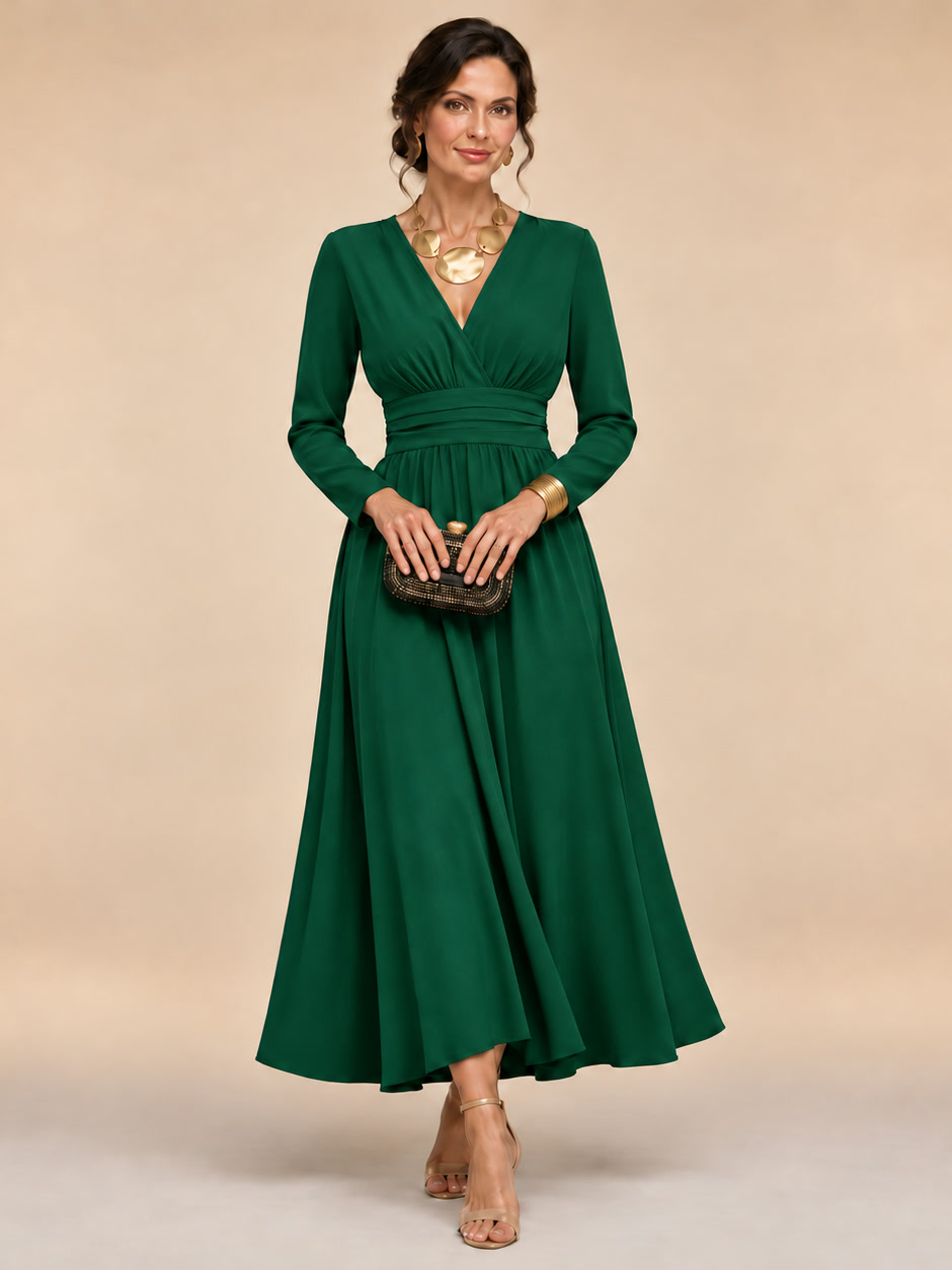 Cristiana | Vestido midi envolvente con mangas largas y cintura plisada