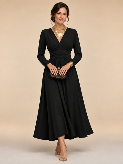 Cristiana | Vestido midi envolvente con mangas largas y cintura plisada