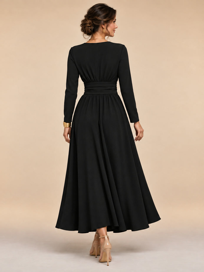 Cristiana | Vestido midi envolvente con mangas largas y cintura plisada