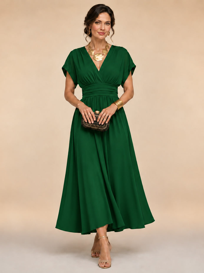 Marianna | Vestido midi cruzado con mangas murciélago y cintura plisada