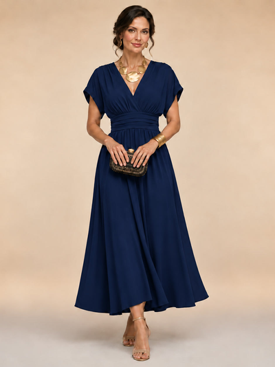 Marianna | Vestido midi cruzado con mangas murciélago y cintura plisada