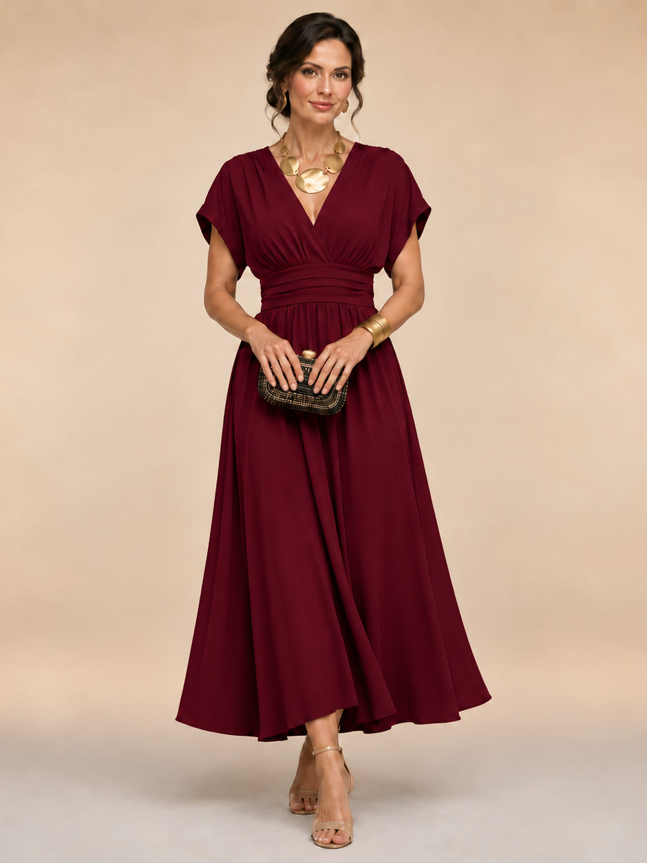 Marianna | Vestido midi cruzado con mangas murciélago y cintura plisada