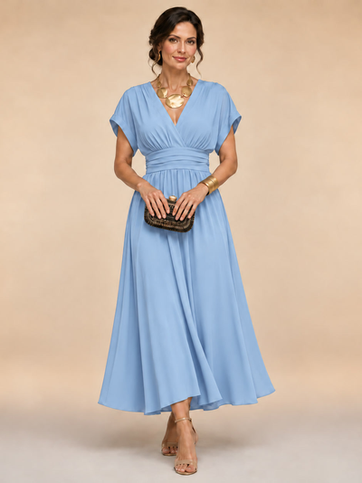 Marianna | Vestido midi cruzado con mangas murciélago y cintura plisada