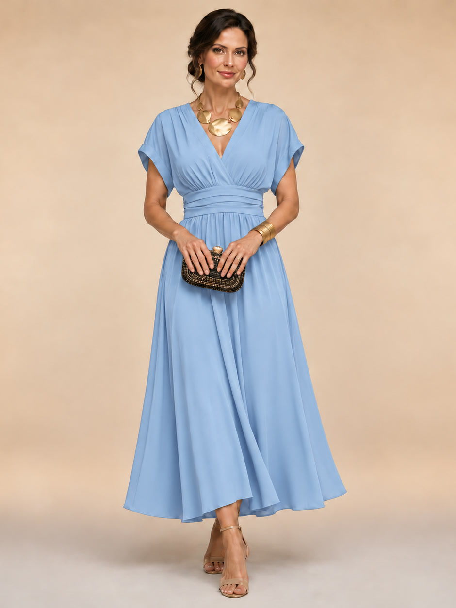 Marianna | Vestido midi cruzado con mangas murciélago y cintura plisada