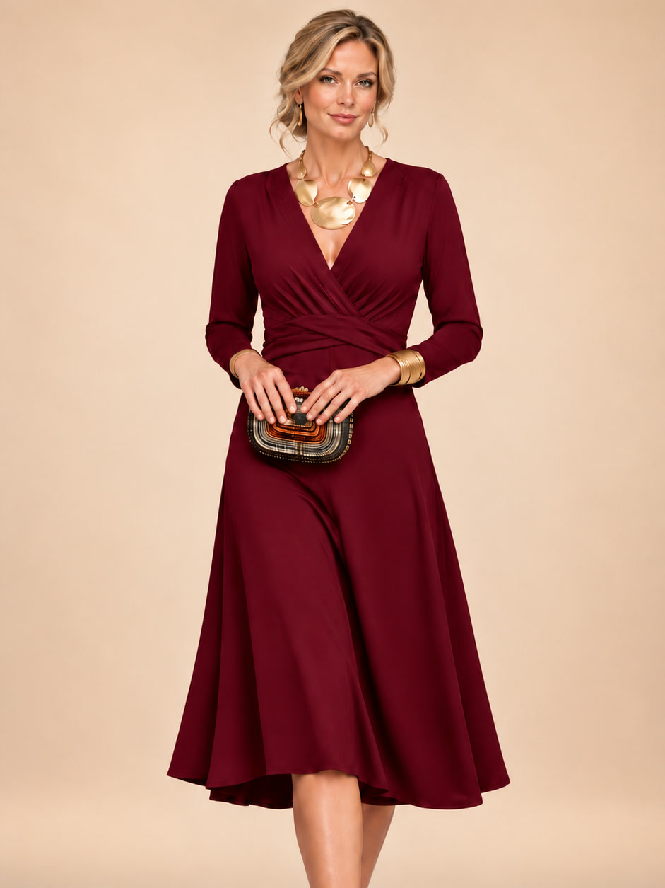 Fabrizia | Vestido midi cruzado con mangas largas y cintura envolvente