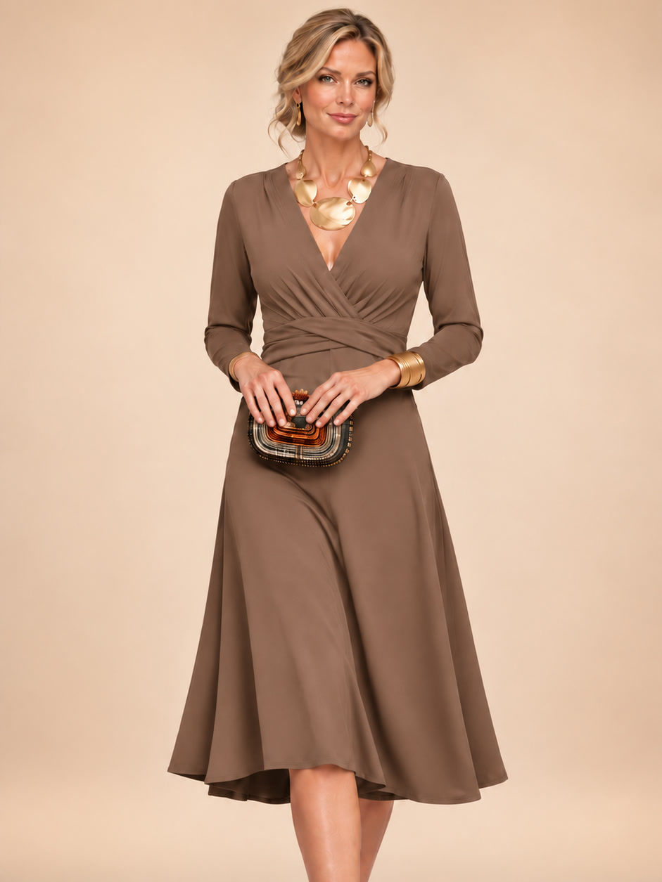 Fabrizia | Vestido midi cruzado con mangas largas y cintura envolvente