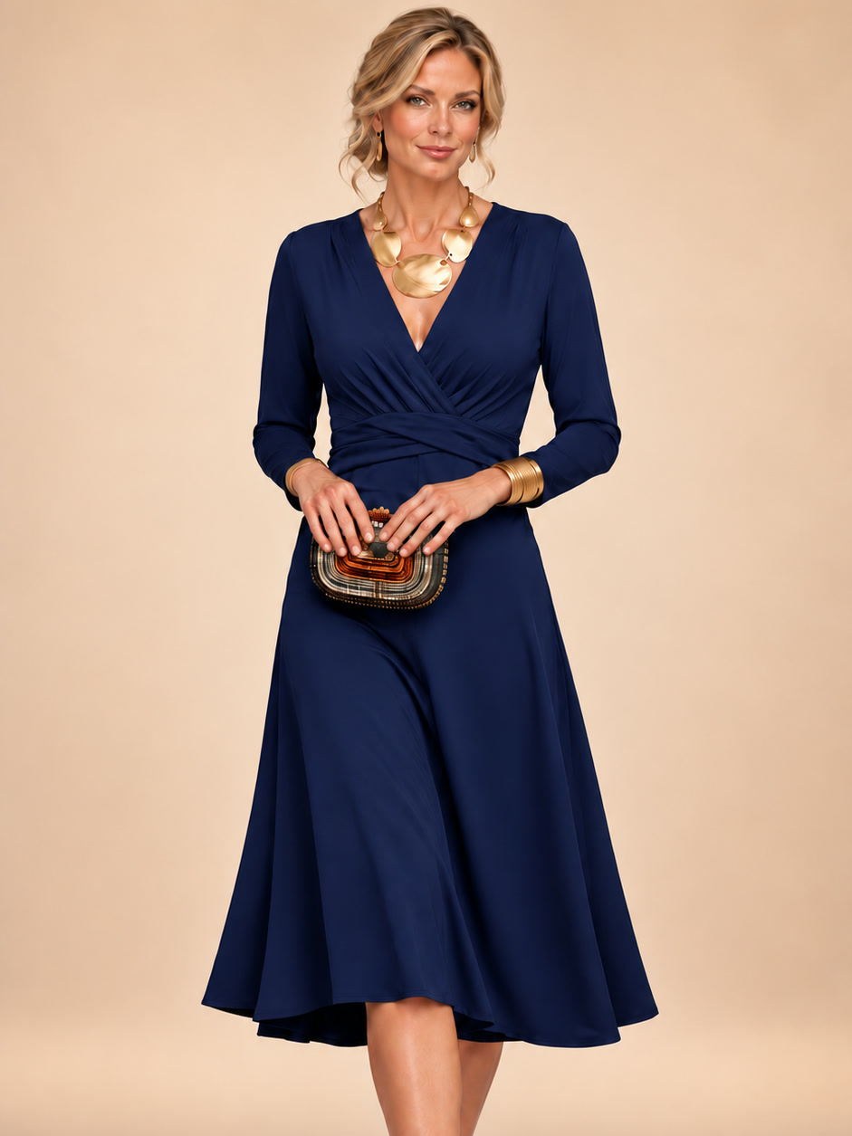 Fabrizia | Vestido midi cruzado con mangas largas y cintura envolvente