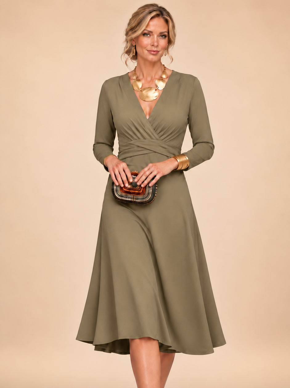 Fabrizia | Vestido midi cruzado con mangas largas y cintura envolvente