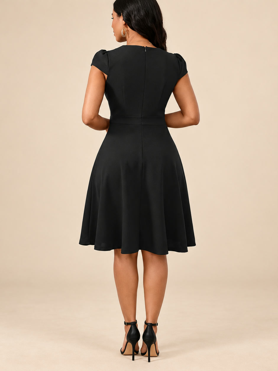 Severina | Vestido hasta la rodilla con escote en V cruzado y falda acampanada