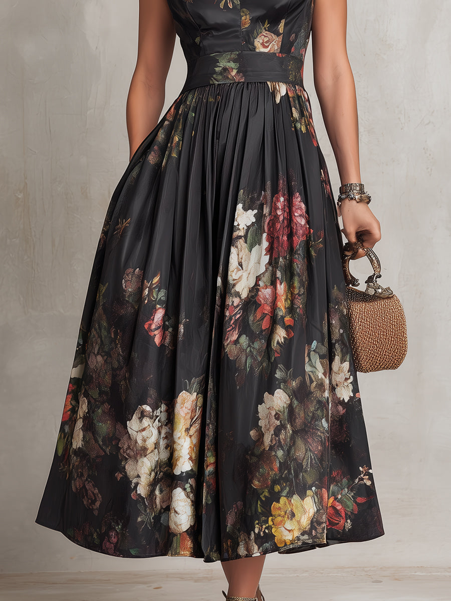Piera | Vestido midi floral con cuello mao, cinturón en la cintura y falda plisada, negro