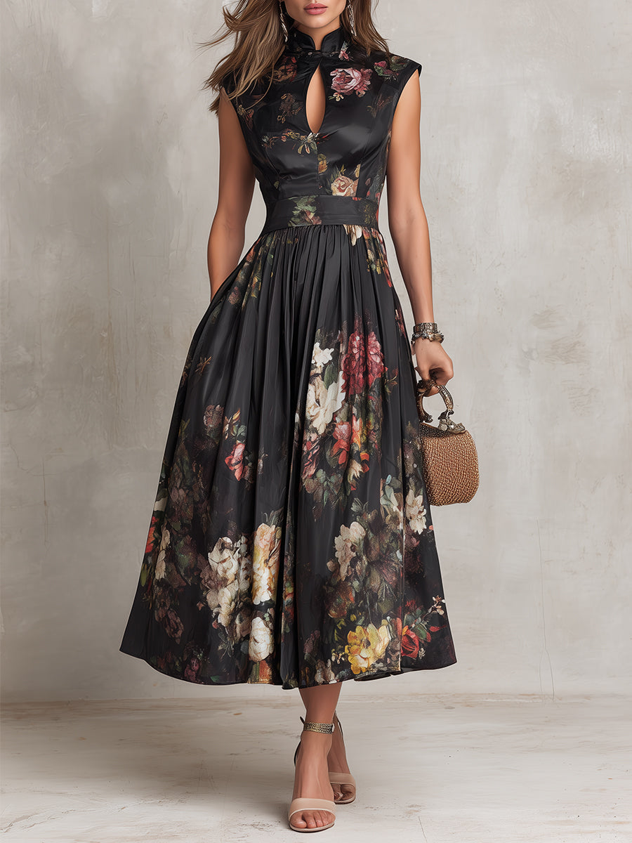 Piera | Vestido midi floral con cuello mao, cinturón en la cintura y falda plisada, negro
