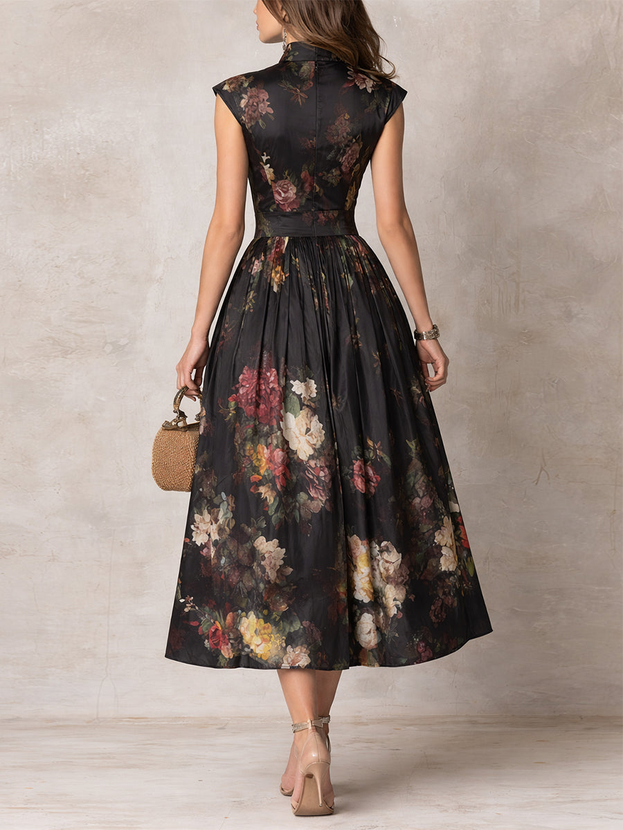 Piera | Vestido midi floral con cuello mao, cinturón en la cintura y falda plisada, negro
