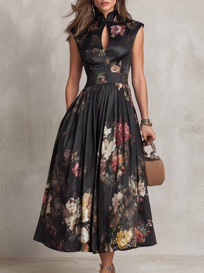 Piera | Vestido midi floral con cuello mao, cinturón en la cintura y falda plisada, negro