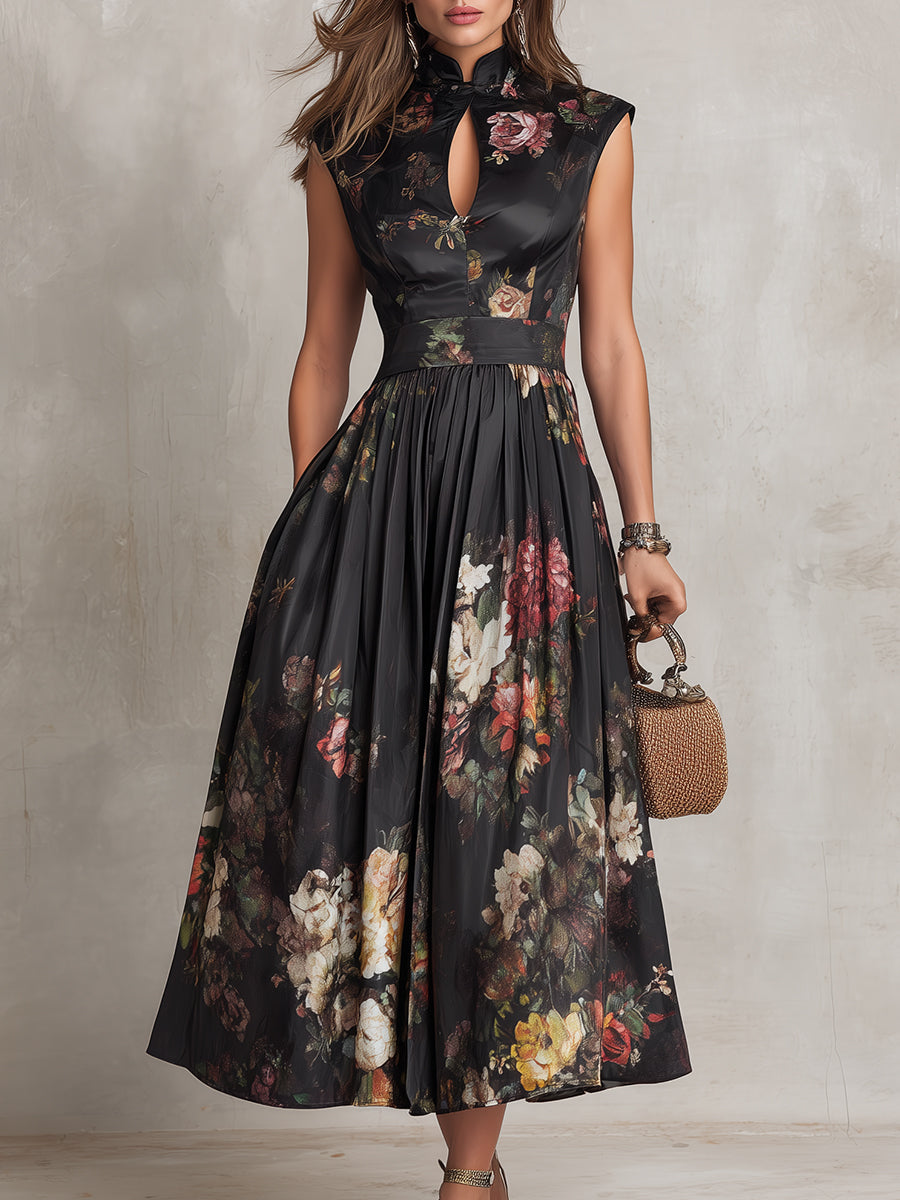 Piera | Vestido midi floral con cuello mao, cinturón en la cintura y falda plisada, negro